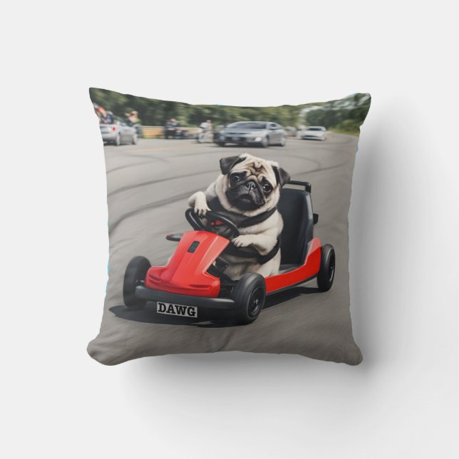Pug go-kart racing throw pillow (Front)