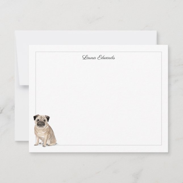 Pug Grey Border Personalized Stationery Card (Front)