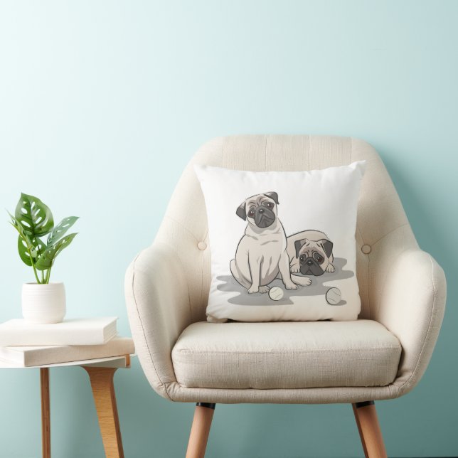 Pug Group Cartoon Throw Pillow (Chair)