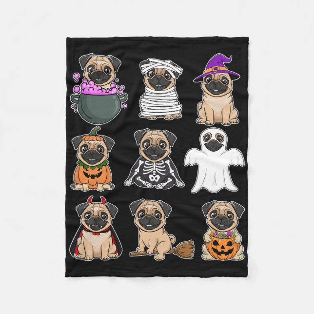 Pug Halloween Costume Spooky Ghost Pumpkin Pug Hal Fleece Blanket (Front)