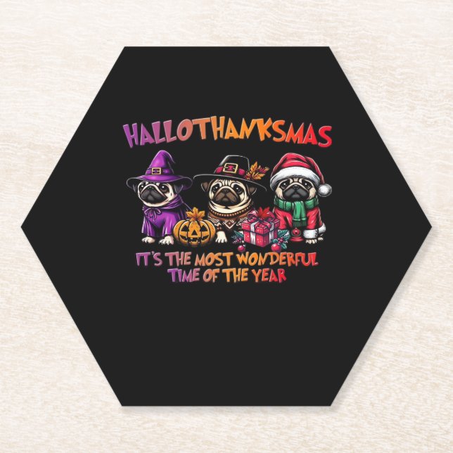 Pug Halloween Thanksgiving Christmas Classic T-Shi Paper Coaster (Front)
