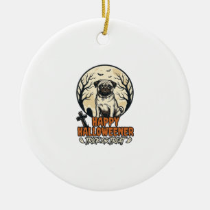 Pug Halloween Trick or Treat Vintage Engraving Des Ceramic Ornament