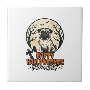 Pug Halloween Trick or Treat Vintage Engraving Des Tile
