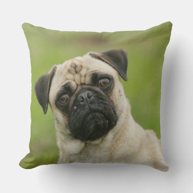 Pug Head Cocked Looking at Camera Throw Pillow (Front)