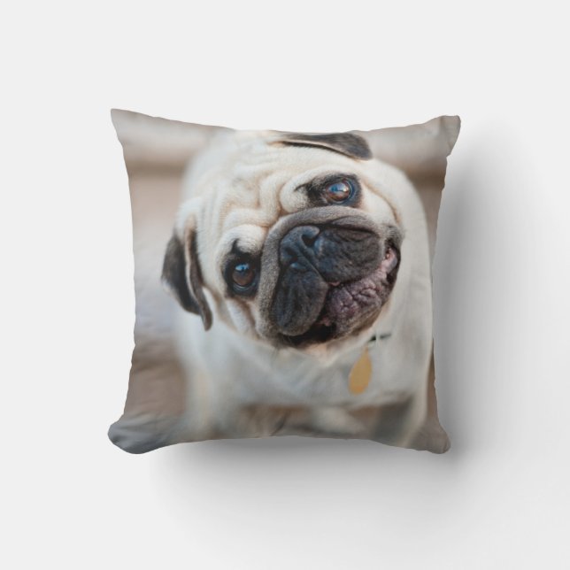 Pug Head Tilt Throw Pillow (Front)