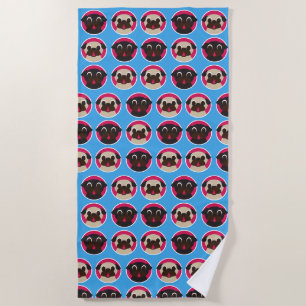 Pug Heads on Blue Beach Towel