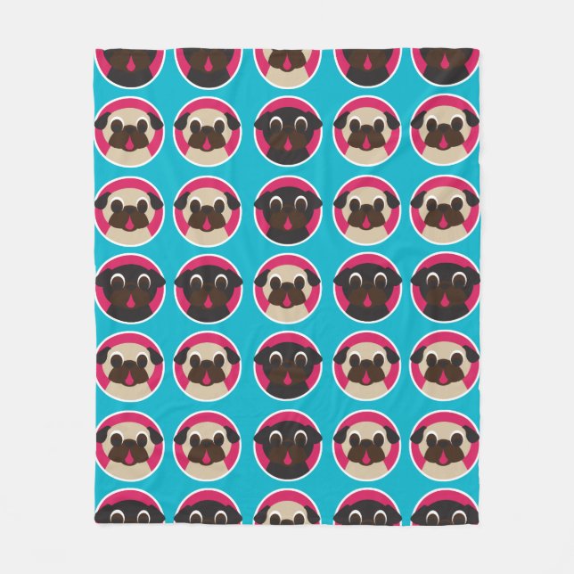 Pug Heads on Teal Fleece Blanket (Front)