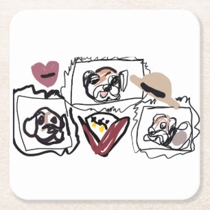 Pug hearts square paper coaster
