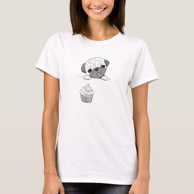 Pug Hipster T-shirt Cute Funny Pug with Cupcake (Front)
