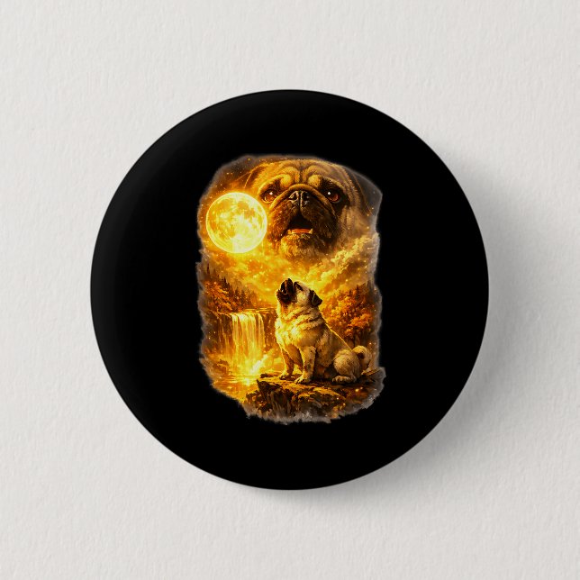 Pug howling at moon epic forest fantasy  2 inch round button (Front)