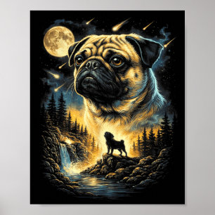 Pug Howling to The Moon Vintage 90s Funny Dog Poster