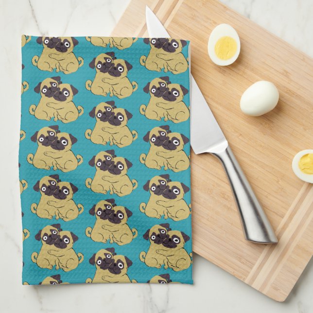 Pug hug Blue, Kitchen Towel (Quarter Fold)