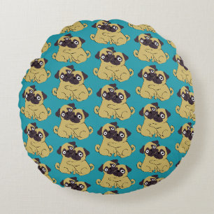 Pug hug Blue, Round Pillow