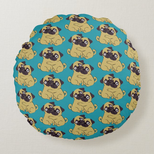 Pug hug Blue, Round Pillow (Front)