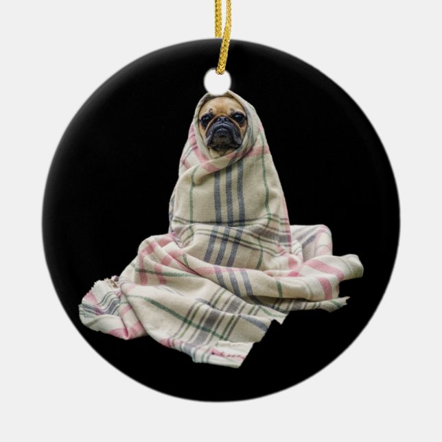 Pug in a Blanket Ceramic Ornament (Front)