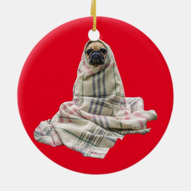 Pug in a Blanket Custom Background Colour Ceramic Ornament (Back)