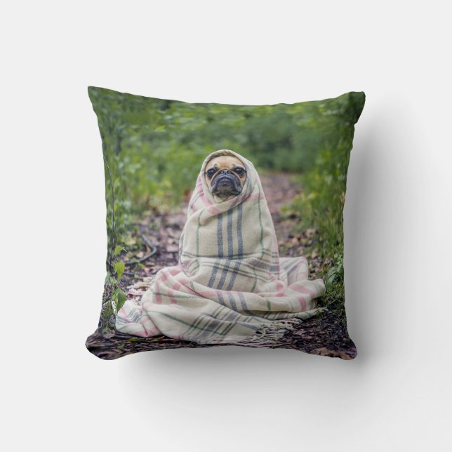 Pug in a Blanket Throw Pillow (Front)