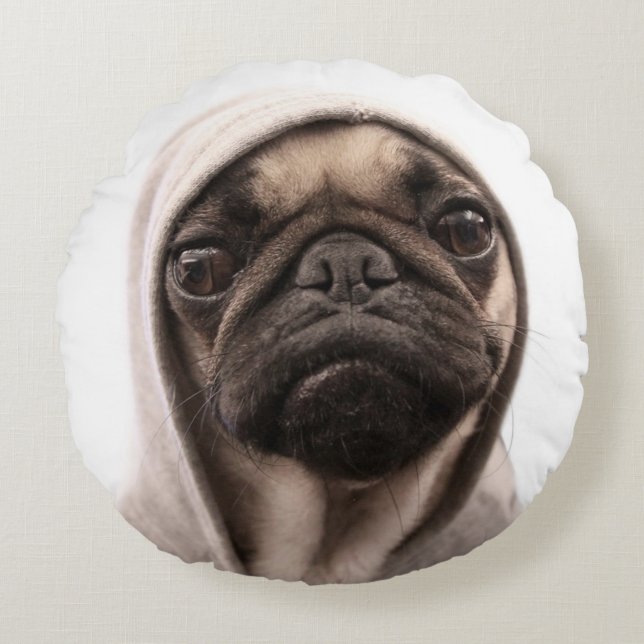 Pug In A Hoodie Round Pillow (Front)