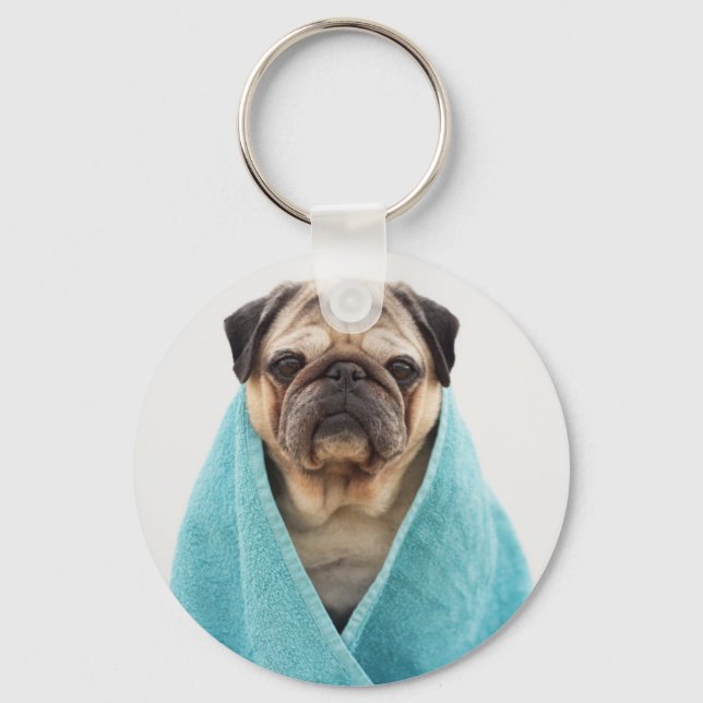 Pug in a Towel Keychain (Front)