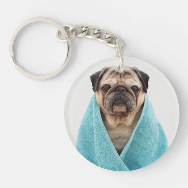 Pug in a Towel Keychain (Front)