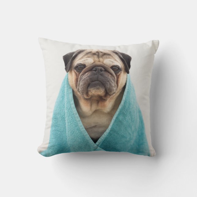 Pug in a Towel Throw Pillow (Front)