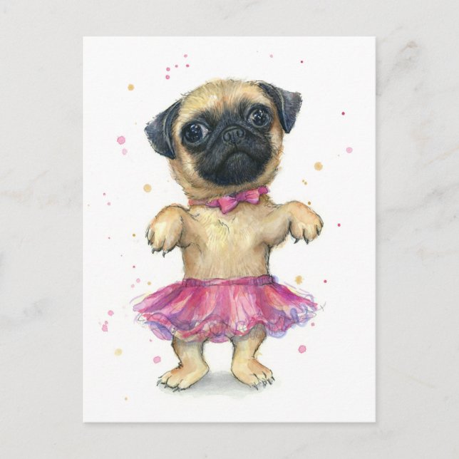 Pug in a Tutu Cute Puppy Painting Postcard (Front)