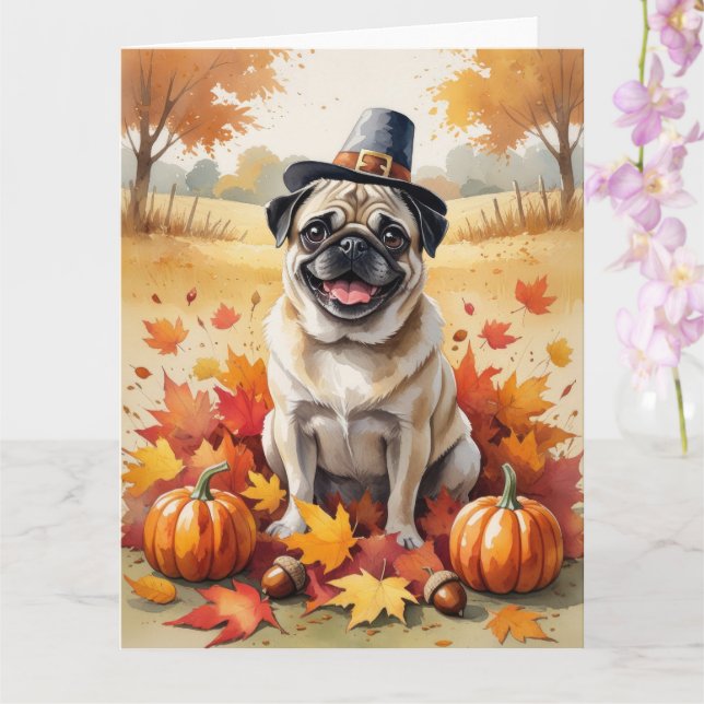 Pug In Autumn Leaves Thanksgiving Art Card (Orchid)