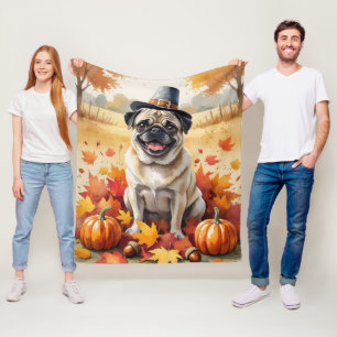 Pug In Autumn Leaves Thanksgiving Art Fleece Blanket