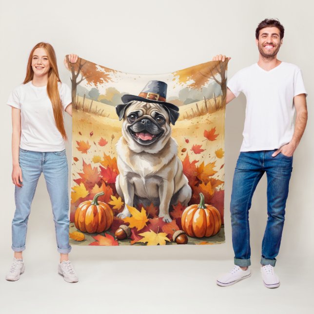 Pug In Autumn Leaves Thanksgiving Art Fleece Blanket (In Situ)