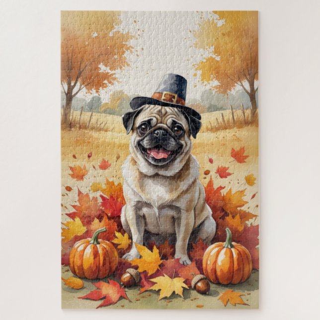 Pug In Autumn Leaves Thanksgiving Art Jigsaw Puzzle (Vertical)