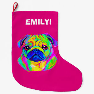 Pug in Colours at Christmas Name Customizable Large Christmas Stocking