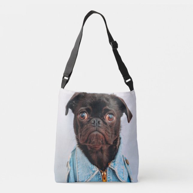 Pug in Denim Jackey Cute Adorable Dog Puppy Crossbody Bag (Back)