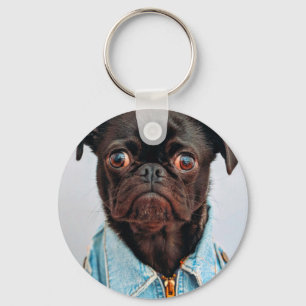 Pug in Denim Jackey Cute Adorable Dog Puppy Keychain