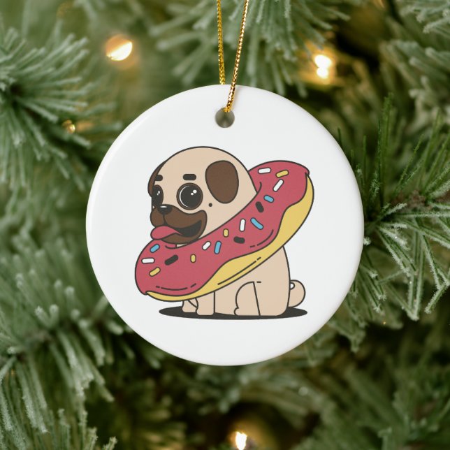 Pug In Doughnut Ceramic Ornament (Tree)