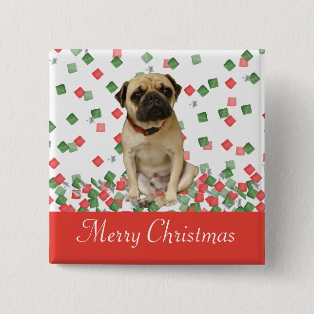 Pug in Hand Painted Christmas Confetti 2 Inch Square Button (Front)