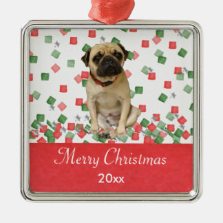 Pug in Hand Painted Christmas Confetti Metal Ornament