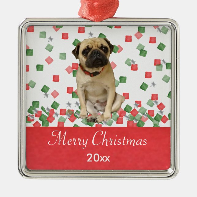 Pug in Hand Painted Christmas Confetti Metal Ornament (Front)