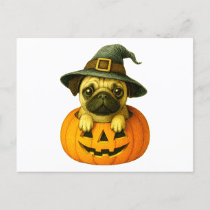 Pug in Pumpkin Holiday Postcard