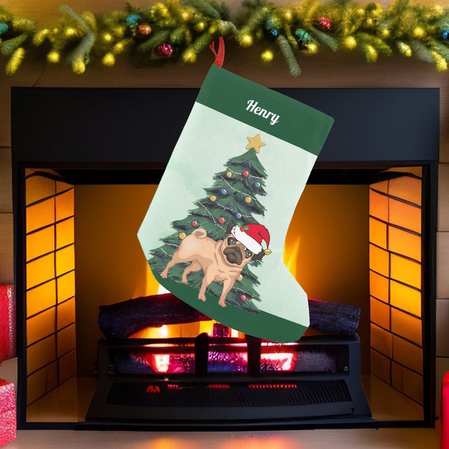 Pug in Santa Hat Christmas Tree Green Monogram Small Christmas Stocking (Creator Uploaded)