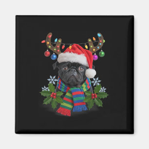 Pug In Santa Hat With Antlers Christmas Magnet