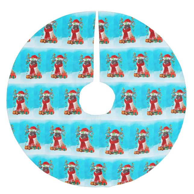 Pug in snow with Christmas gifts Brushed Polyester Tree Skirt (Front)