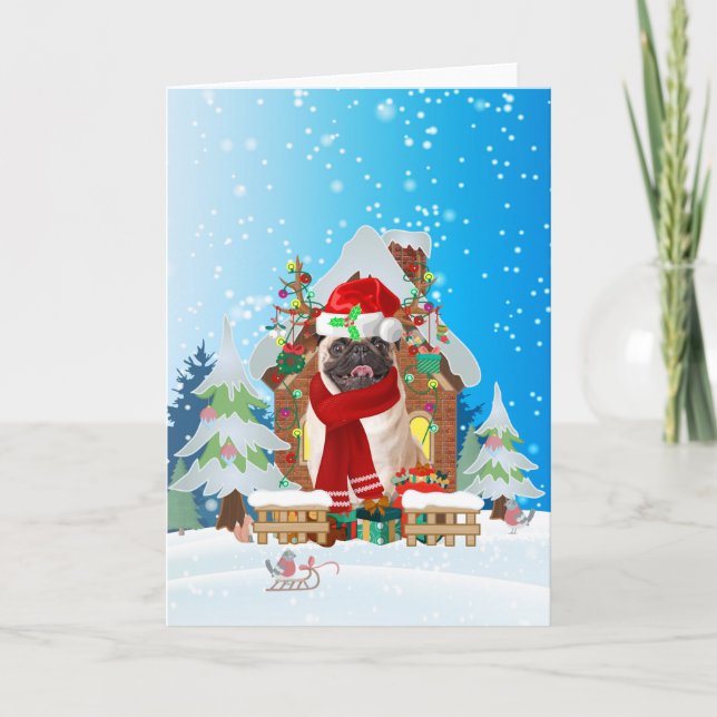 Pug in snow with Christmas gifts  Card (Front)