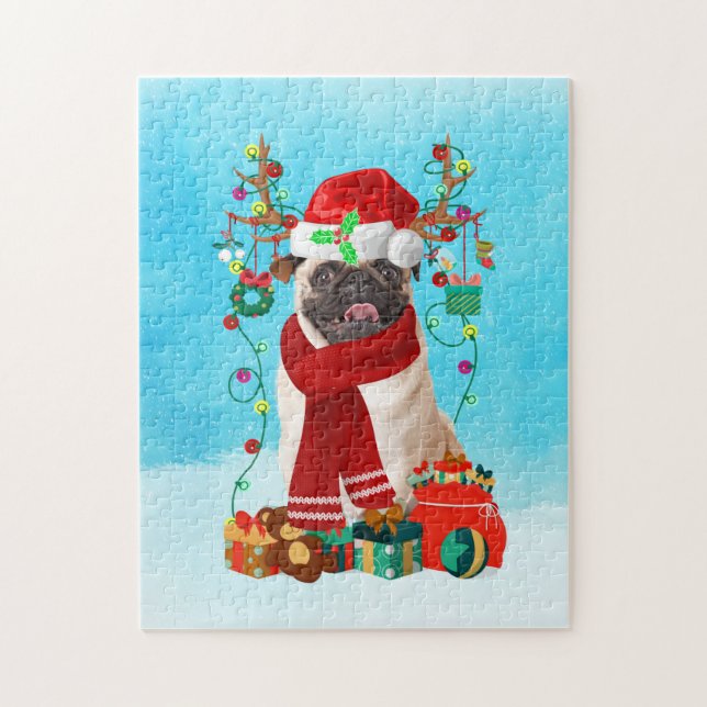 Pug in snow with Christmas gifts Jigsaw Puzzle (Vertical)
