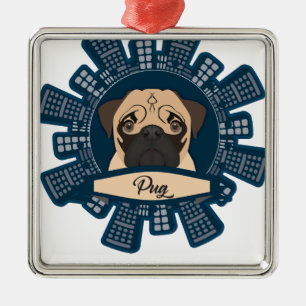 pug in the city metal ornament