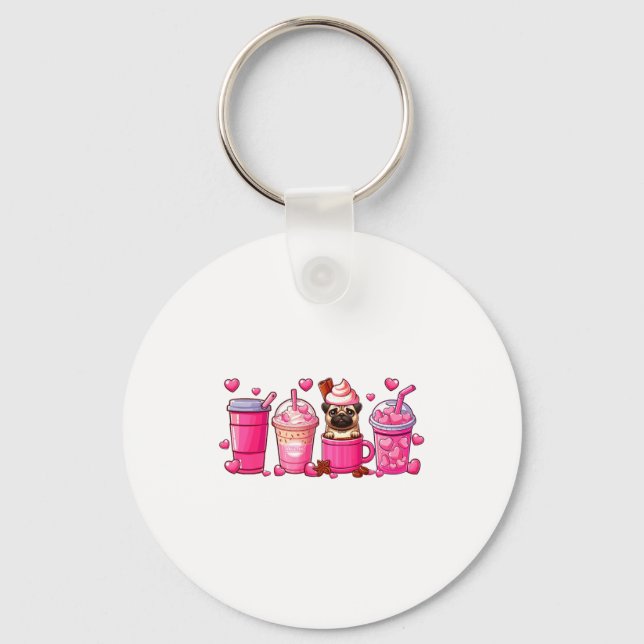 Pug Inside Cup Coffees Lover Valentines Day Heart  Keychain (Front)