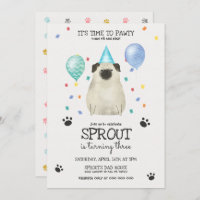 Pug Lets Pawty Dog Birthday Invitation Blue