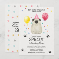 Pug Lets Pawty Dog Birthday Invitation Pink