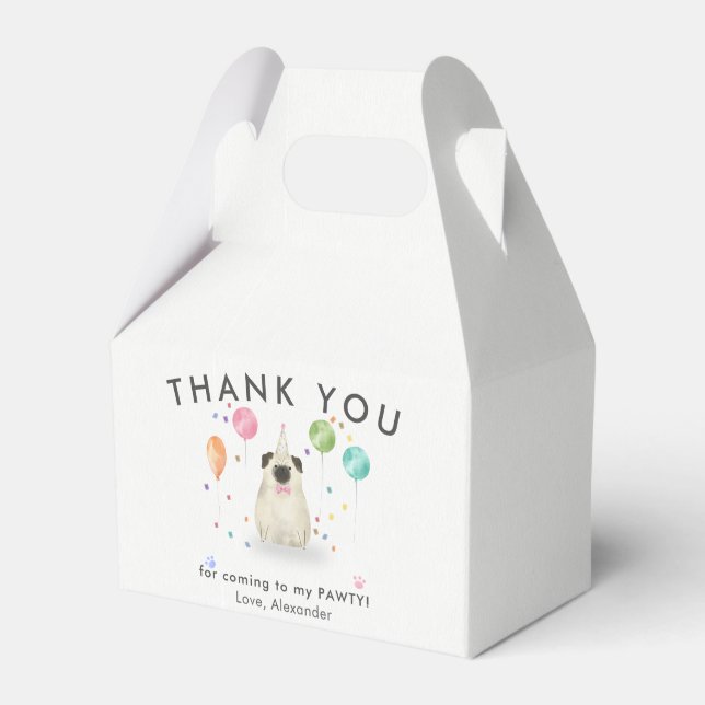 Pug Lets Pawty Puppy Dog Birthday Thank You  Favor Box (Front Side)