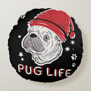 Pug Life Animal Santa Christmas Round Pillow