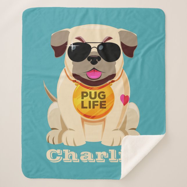 Pug Life custom name & colour fleece blankets (Front)